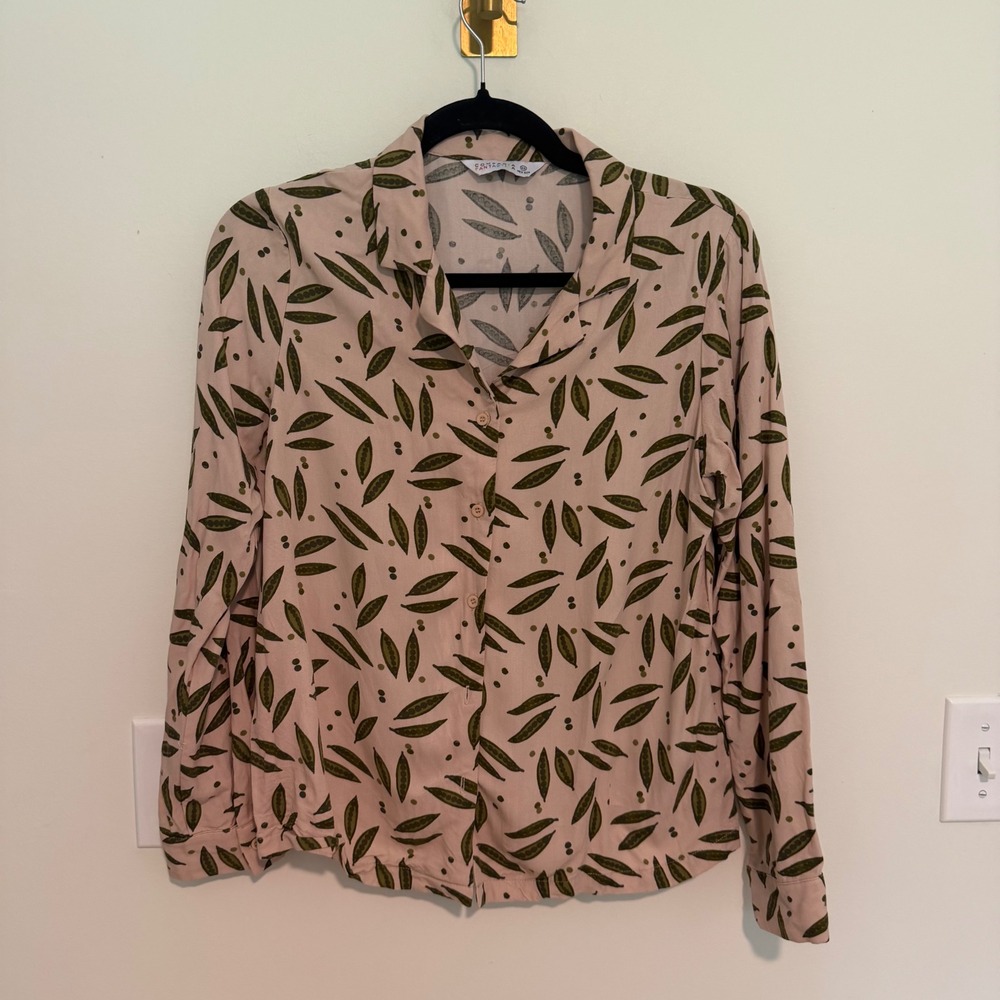 Compania‎ Fantastica Pink Green Pea Pod Print Button Down Shirt Blouse XS